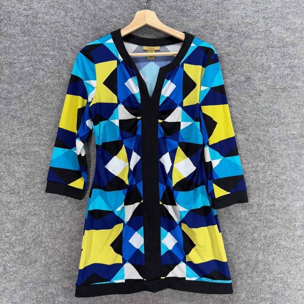 Valerie Stevens Dress Women S Small Blue Geometric Shift Short V-Neck Casual
